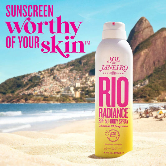Radiance SPF 50 body spray sunscreen with niacinamide Sol de Janeiro Rio